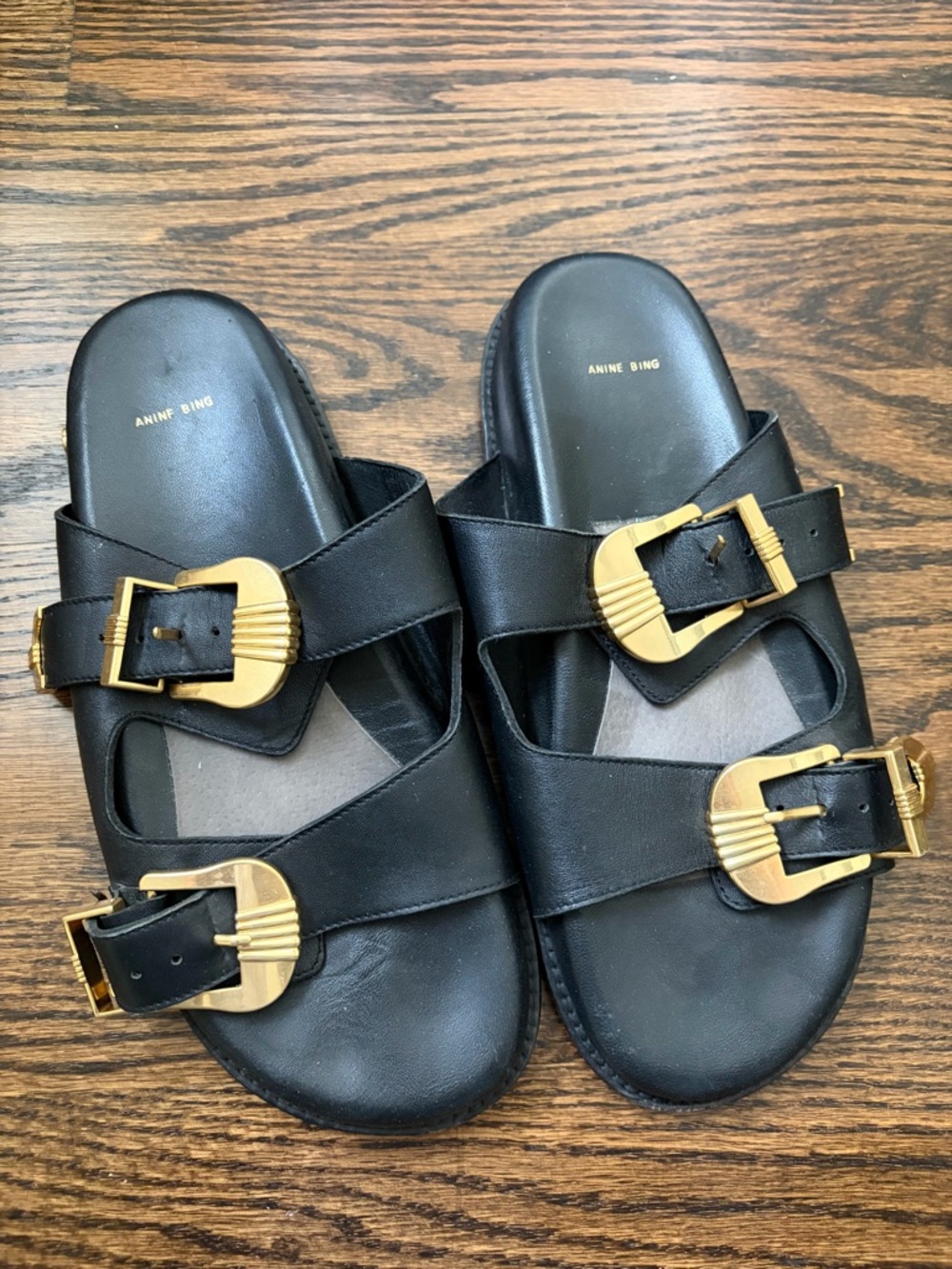 Anine Bing Black Leather Slide Sandals with Gold Buckles - Double Strap